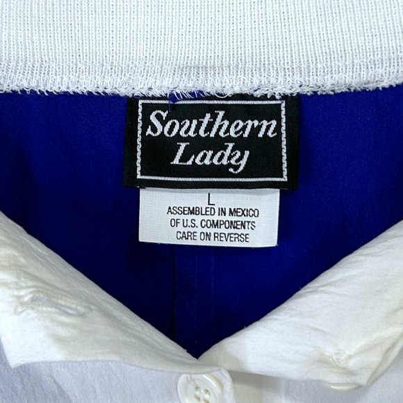 Southern Lady Womens L Blue Floral‎ Short Sleeve Blouse Shirt Stretch Waistband - Picture 8 of 13